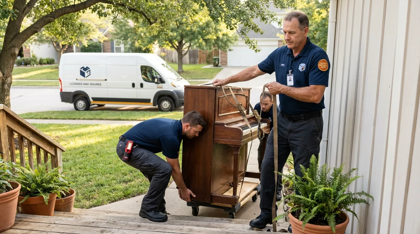 Licensed piano movers securing grand piano in Perry, GA